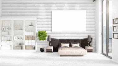 Şık modern loft iç boş çerçeve ve boşaltmak yatay düzenleme ile. 3D render.