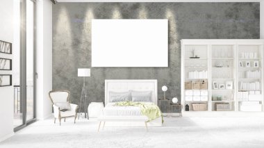 Şık modern loft iç boş çerçeve ve boşaltmak yatay düzenleme ile. 3D render.