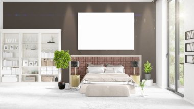 Şık modern loft iç boş çerçeve ve boşaltmak yatay düzenleme ile. 3D render.