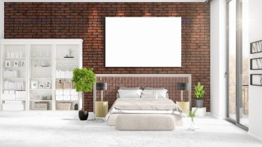 Şık modern loft iç boş çerçeve ve boşaltmak yatay düzenleme ile. 3D render.