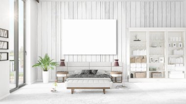 Şık modern loft iç boş çerçeve ve boşaltmak yatay düzenleme ile. 3D render.