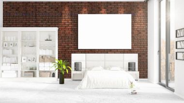 Şık modern loft iç boş çerçeve ve boşaltmak yatay düzenleme ile. 3D render.