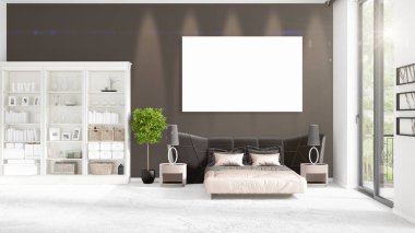 Şık modern loft iç boş çerçeve ve boşaltmak yatay düzenleme ile. 3D render.