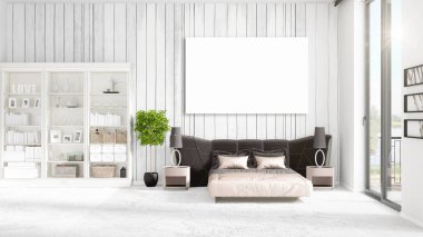 Şık modern loft iç boş çerçeve ve boşaltmak yatay düzenleme ile. 3D render.