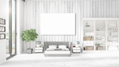 Şık modern loft iç boş çerçeve ve boşaltmak yatay düzenleme ile. 3D render.