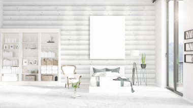 Şık modern loft iç boş çerçeve ve boşaltmak yatay düzenleme ile. 3D render.