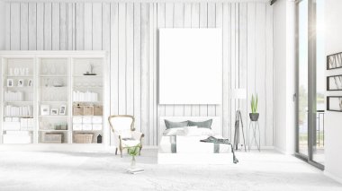 Şık modern loft iç boş çerçeve ve boşaltmak yatay düzenleme ile. 3D render.