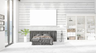 Şık modern loft iç boş çerçeve ve boşaltmak yatay düzenleme ile. 3D render.