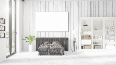 Şık modern loft iç boş çerçeve ve boşaltmak yatay düzenleme ile. 3D render.