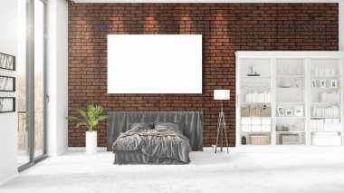 Şık modern loft iç boş çerçeve ve boşaltmak yatay düzenleme ile. 3D render.