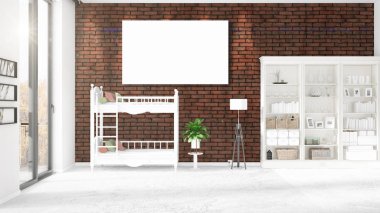 Şık modern loft iç boş çerçeve ve boşaltmak yatay düzenleme ile. 3D render.