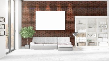 Şık modern loft iç boş çerçeve ve boşaltmak yatay düzenleme ile. 3D render.