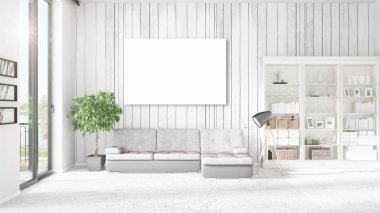 Şık modern loft iç boş çerçeve ve boşaltmak yatay düzenleme ile. 3D render.