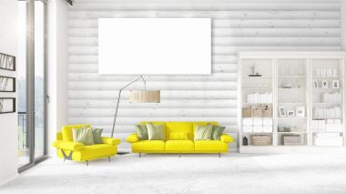 Şık modern loft iç boş çerçeve ve boşaltmak yatay düzenleme ile. 3D render.