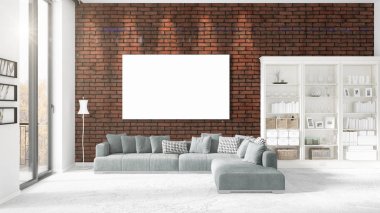 Şık modern loft iç boş çerçeve ve boşaltmak yatay düzenleme ile. 3D render.