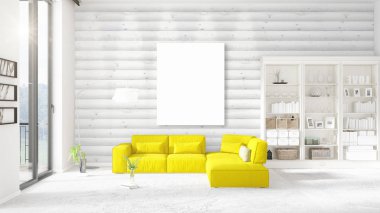 Şık modern loft iç boş çerçeve ve boşaltmak yatay düzenleme ile. 3D render.