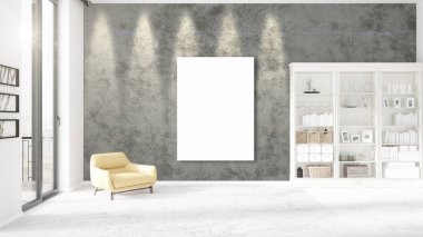 Şık modern loft iç boş çerçeve ve boşaltmak yatay düzenleme ile. 3D render.