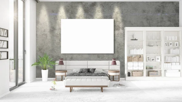 Moderno loft interno alla moda con cornice vuota e copyspace in disposizione orizzontale. Rendering 3D . — Foto Stock