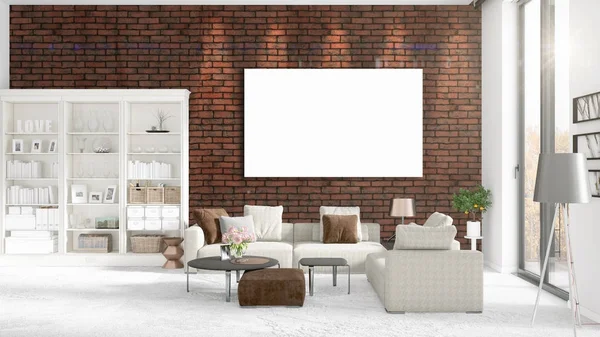 Modischen modernen Loft-Interieur mit leerem Rahmen und Kopierraum in horizontaler Anordnung. 3D-Darstellung. — Stockfoto