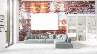 Şık modern loft iç boş çerçeve ve boşaltmak yatay düzenleme ile. 3D render.