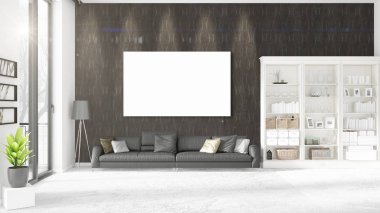 Panoramik, siyah deri Osmanlı ve boş çerçeve, boşaltmak yatay düzenleme ile iç. 3D render.