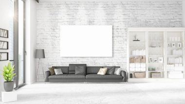 Panoramik, siyah deri Osmanlı ve boş çerçeve, boşaltmak yatay düzenleme ile iç. 3D render.