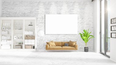 Şık modern loft iç boş çerçeve ve boşaltmak yatay düzenleme ile. 3D render.