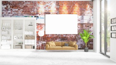 Şık modern loft iç boş çerçeve ve boşaltmak yatay düzenleme ile. 3D render.