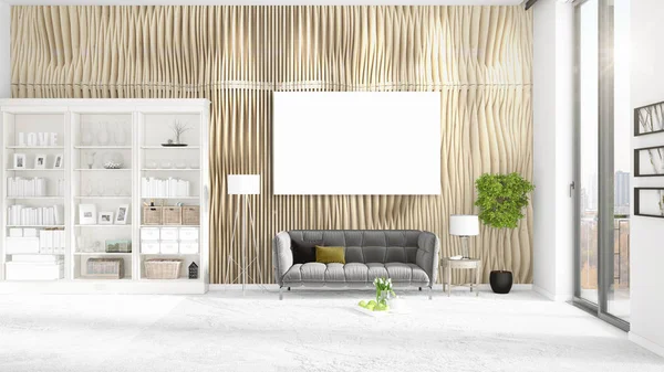 Fashionabla moderna loft interiör med tomma ramen och copyspace i horisontella arrangemang. 3D-rendering. — Stockfoto