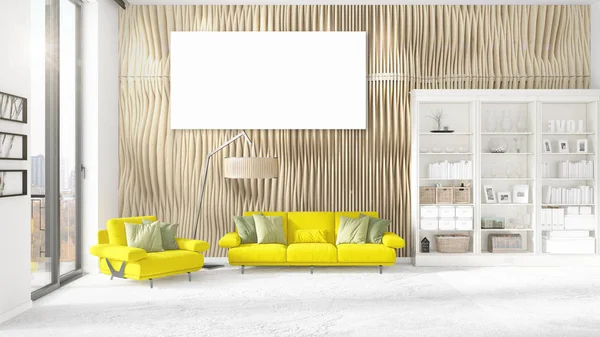 Modischen modernen Loft-Interieur mit leerem Rahmen und Kopierraum in horizontaler Anordnung. 3D-Darstellung. — Stockfoto