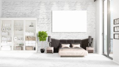 Şık modern loft iç boş çerçeve ve boşaltmak yatay düzenleme ile. 3D render.