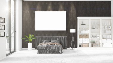 Şık modern loft iç boş çerçeve ve boşaltmak yatay düzenleme ile. 3D render.