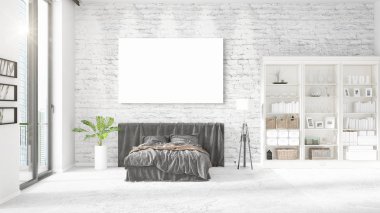 Şık modern loft iç boş çerçeve ve boşaltmak yatay düzenleme ile. 3D render.