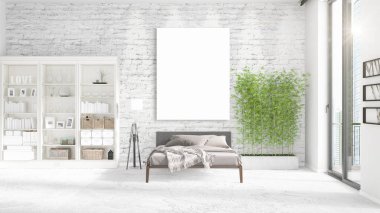 Şık modern loft iç boş çerçeve ve boşaltmak yatay düzenleme ile. 3D render.