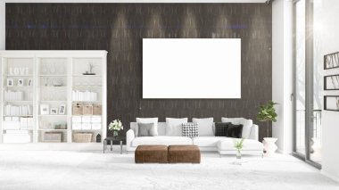 Şık modern loft iç boş çerçeve ve boşaltmak yatay düzenleme ile. 3D render.