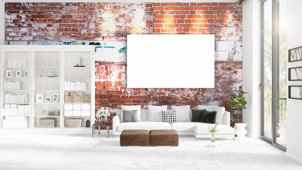 Fashionable modern loft interior with empty frame and copyspace in horizontal arrangement. 3D rendering. — Stock Photo, Image