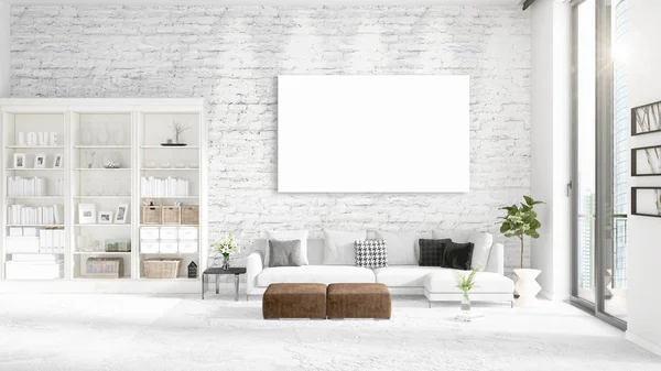 Fashionable modern loft interior with empty frame and copyspace in horizontal arrangement. 3D rendering. — Stock Photo, Image