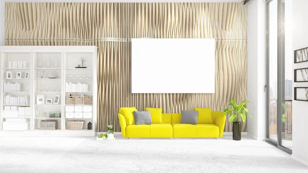 Fashionable modern interior loft dengan bingkai kosong dan ruang penyalinan dalam pengaturan horisontal. Perender 3D . — Stok Foto