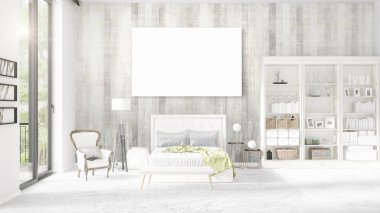 Şık modern loft iç boş çerçeve ve boşaltmak yatay düzenleme ile. 3D render.