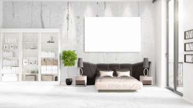 Şık modern loft iç boş çerçeve ve boşaltmak yatay düzenleme ile. 3D render.