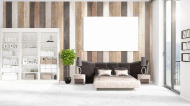 Şık modern loft iç boş çerçeve ve boşaltmak yatay düzenleme ile. 3D render.