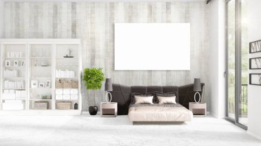 Şık modern loft iç boş çerçeve ve boşaltmak yatay düzenleme ile. 3D render.