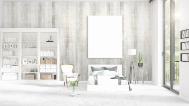 Şık modern loft iç boş çerçeve ve boşaltmak yatay düzenleme ile. 3D render.