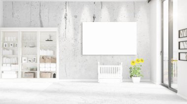 Şık modern loft iç boş çerçeve ve boşaltmak yatay düzenleme ile. 3D render.