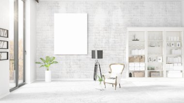 Şık modern loft iç boş çerçeve ve boşaltmak yatay düzenleme ile. 3D render.