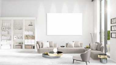 Şık modern loft iç boş çerçeve ve boşaltmak yatay düzenleme ile. 3D render.