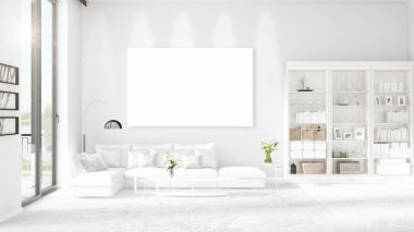 Panoramik iç beyaz deri kanepe, boş çerçeve ve yatay düzenleme boşaltmak. 3D render.
