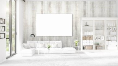 Panoramik iç beyaz deri kanepe, boş çerçeve ve yatay düzenleme boşaltmak. 3D render.