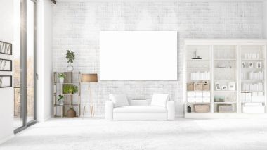 Panoramik iç beyaz deri kanepe, boş çerçeve ve yatay düzenleme boşaltmak. 3D render.