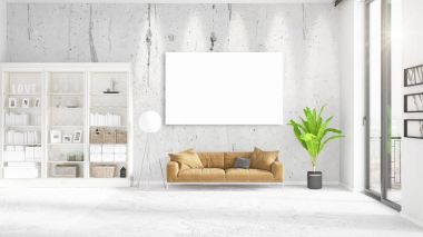 Şık modern loft iç boş çerçeve ve boşaltmak yatay düzenleme ile. 3D render.